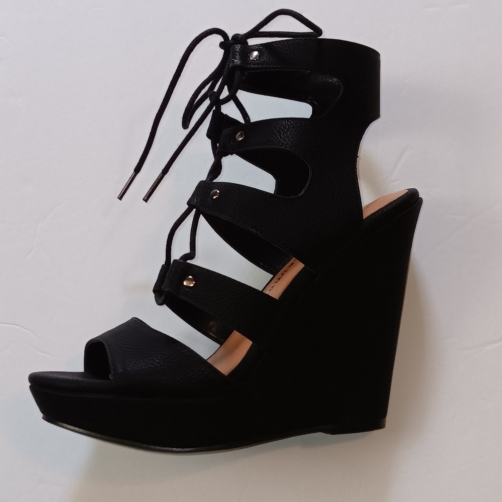 Chinese Laundry Z-Misty Black Lace Up Wedge Sandals 7.5M NEW IN BOX